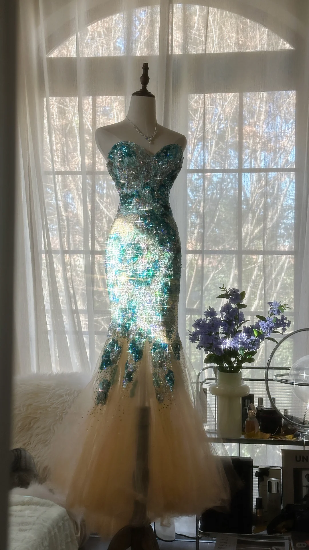 Gorgeous Mermaid Blue-green Sparkling Strapless Elegant Beaded Shinny Chiffon Evening Dress Prom Dress D1469