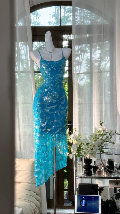 Vintage Blue Mermaid Sparkling Long Chiffon Spaghetti Strap Romantic Evening Dress Prom Dresses D1501