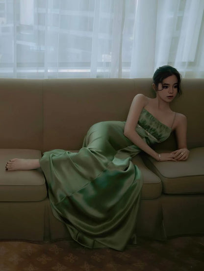 Vintage A Line Spaghetti Strap Beaded Green Satin Party Dress Evening Dress SH2864