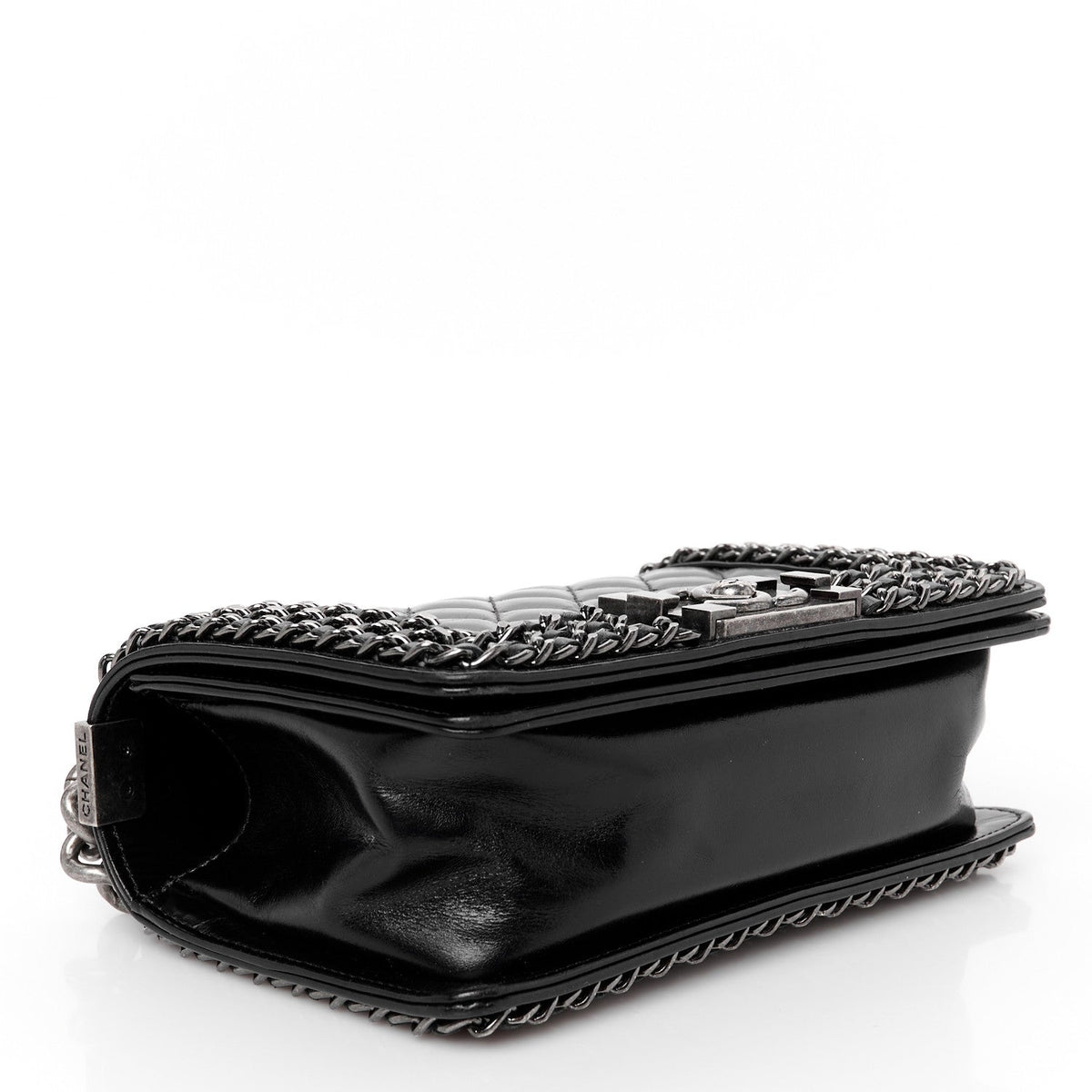 Glazed Calfskin Quilted Small Boy Chained Flap Black
