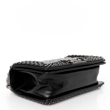 Glazed Calfskin Quilted Small Boy Chained Flap Black