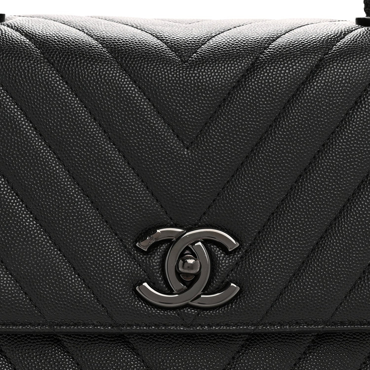 Caviar Chevron Quilted Medium Coco Handle Flap So Black