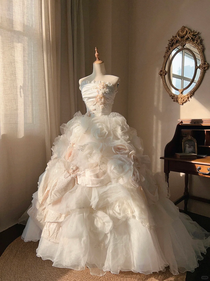 Stunning Retro Ball Gown Strapless Light Pink Rose Layered Organza Wedding Dress Prom Dress SH5890