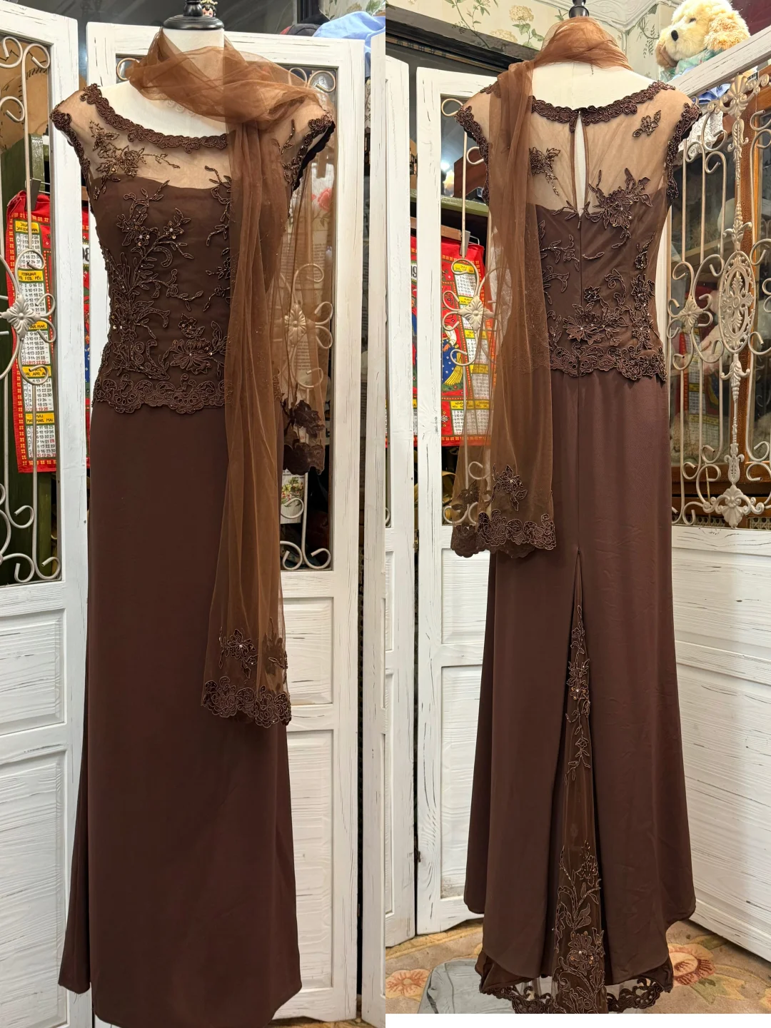 Vintage Brown A Line Round Neck Beaded Lace Chiffon Prom Dress Wedding Guest Dress SH5495