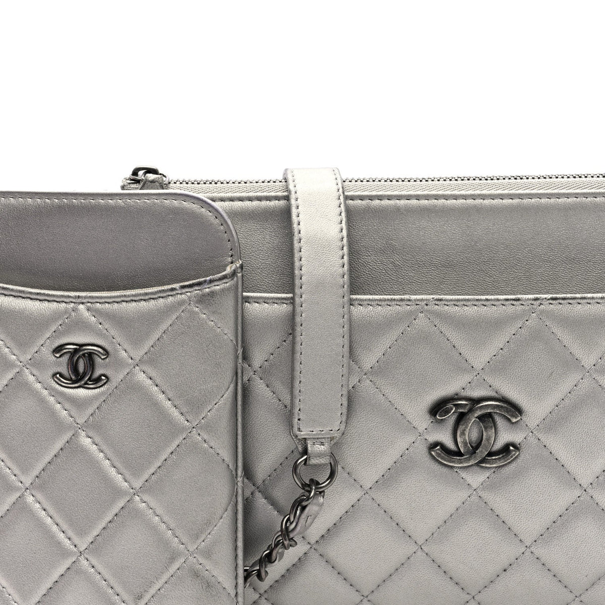 Metallic Lambskin Quilted Clutch With Chain Silver