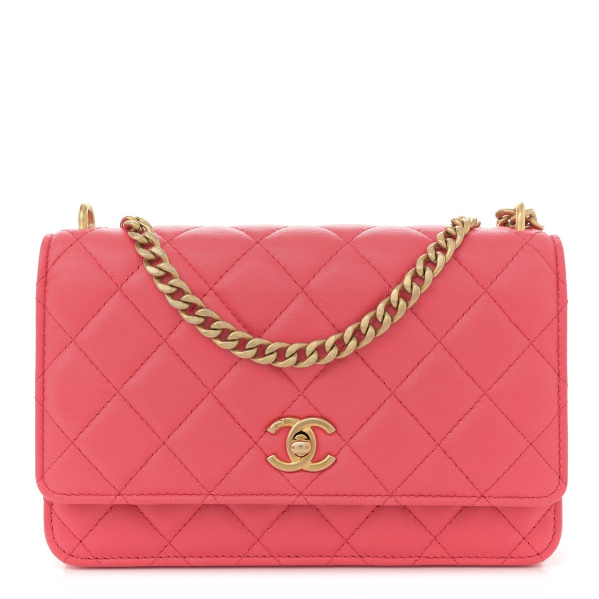 Lambskin Quilted Sweet Camellia Wallet On Chain WOC Coral