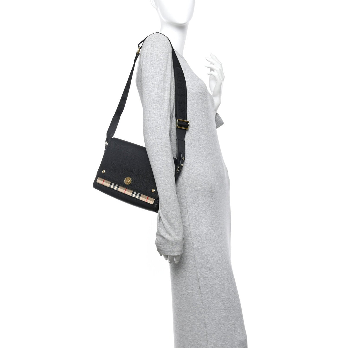 Coated Canvas Calfskin Vintage Check Medium Note Crossbody Bag Black
