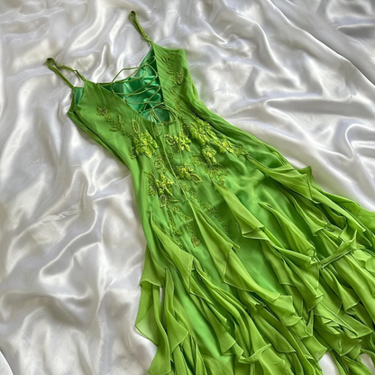 Green Spaghetti Straps Ruffles Sheath Vintage Long Party Dress MD7499