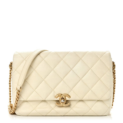 Shiny Caviar Quilted Small Chain Melody Flap White