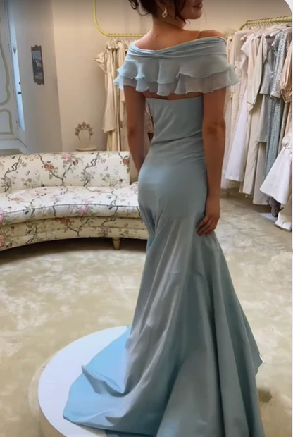 Light Blue V Neck A-Line Vintage Prom Dress Evening Gown MD7640