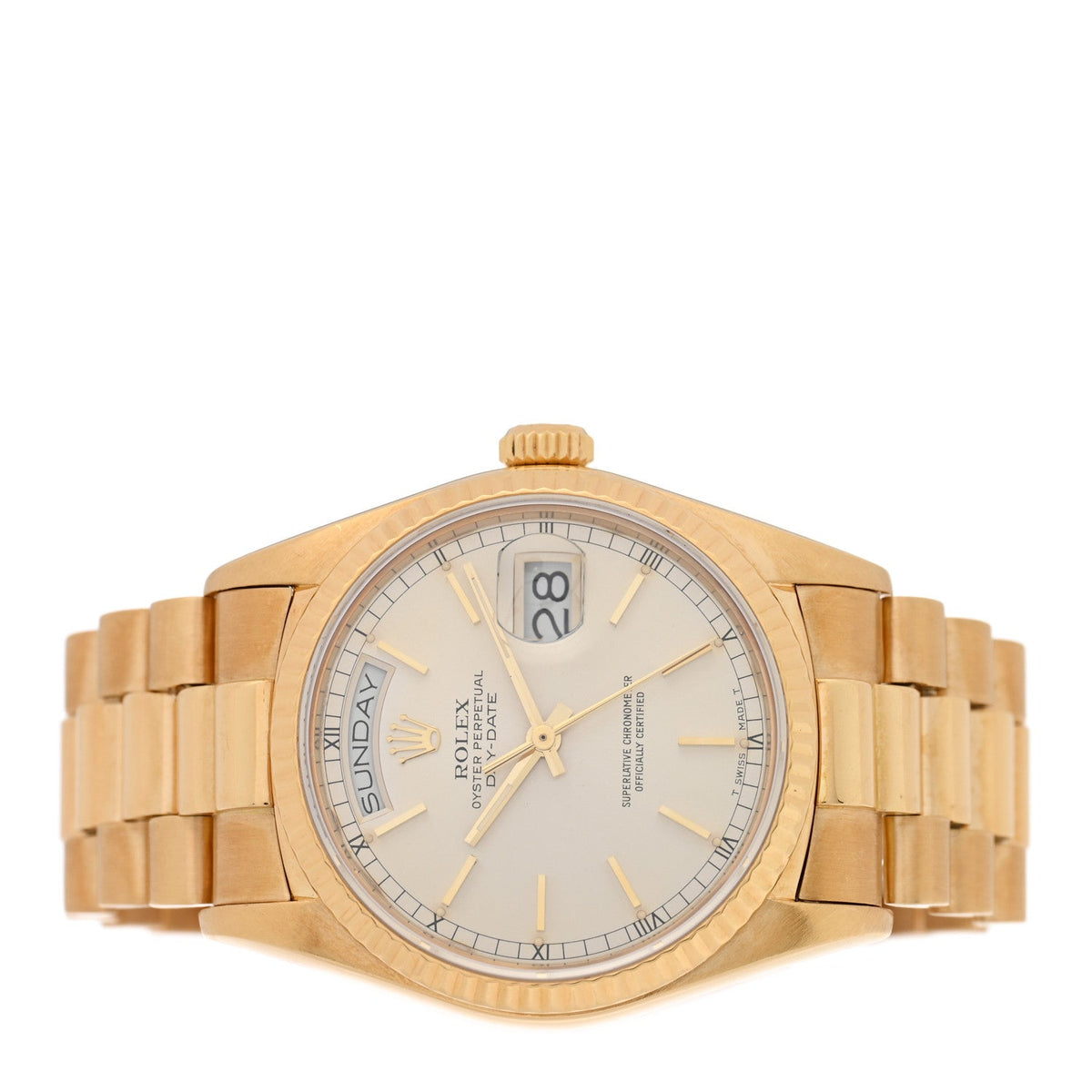 18K Yellow Gold 36mm Oyster Perpetual Day-Date President Watch Silver 18038
