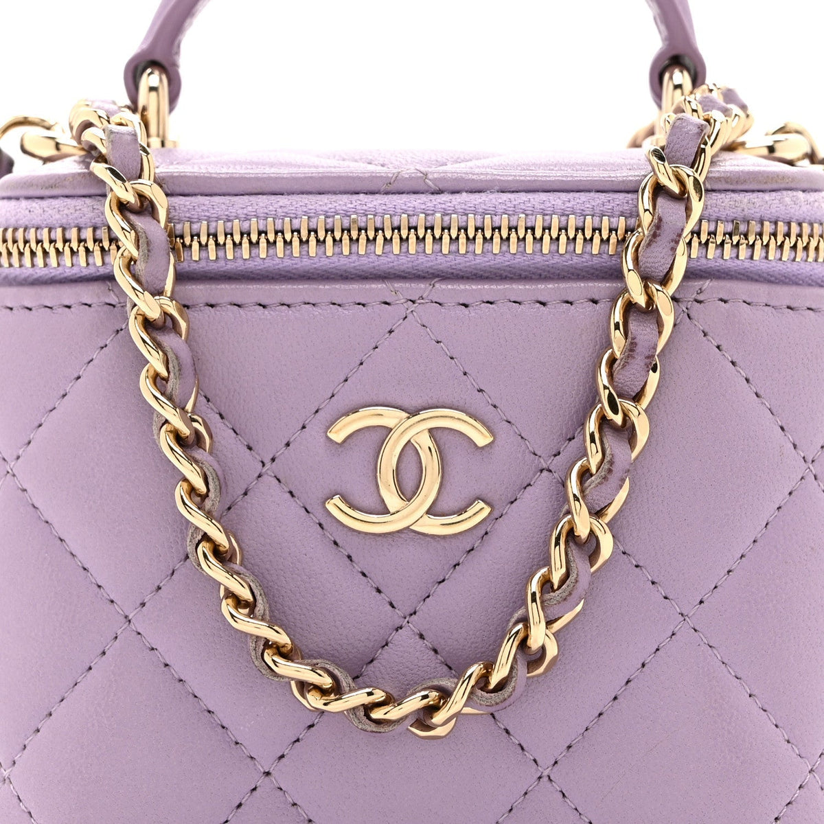 Lambskin Quilted Top Handle Mini Vanity Case With Chain Light Purple