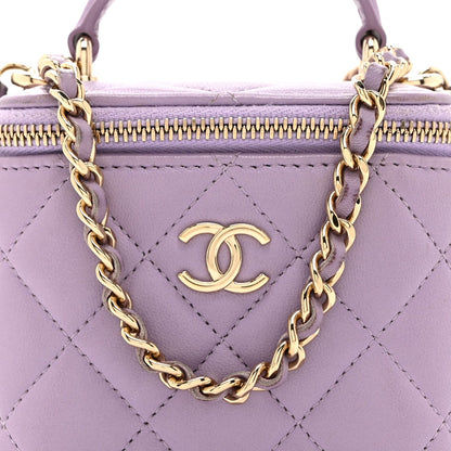 Lambskin Quilted Top Handle Mini Vanity Case With Chain Light Purple