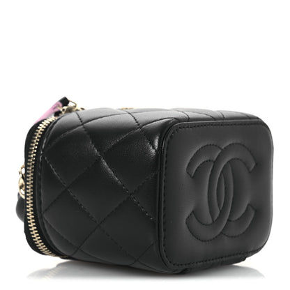 Lambskin Quilted Top Handle Mini Vanity Case With Chain Black Pink