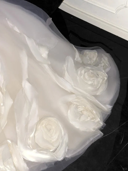 Elegant Spaghetti Strap A-Line Flower Tulle Long Prom Dress Wedding Dress Dress D6396