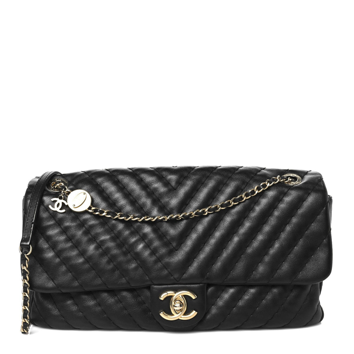 Calfskin Surpique Chevron Large Flap Black