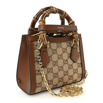 New Canvas Charisma Calfskin Crystal GG Monogram Mini Diana Tote Bag Camel Ebony