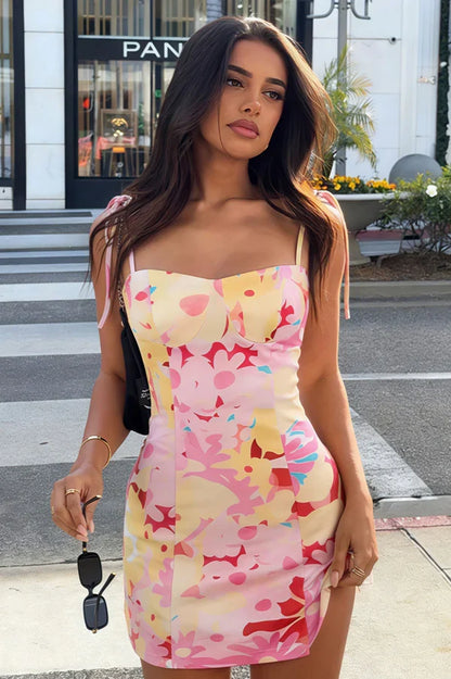 Summer Colorful Sheath Straps Print Floral Satin Short Homecoming Dress Outfits SH5813