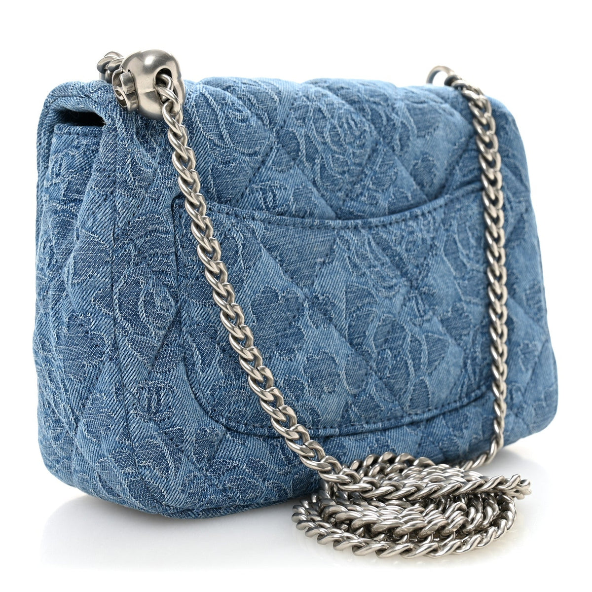 Denim Quilted Camellia Sweetheart Mini Flap Blue