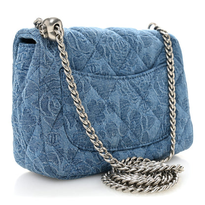 Denim Quilted Camellia Sweetheart Mini Flap Blue