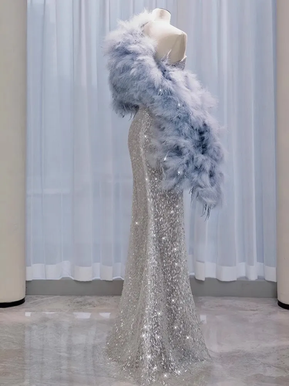 Stunning Silver Sweetheart Sequins Mermaid Long Formal Party Dress MD7400