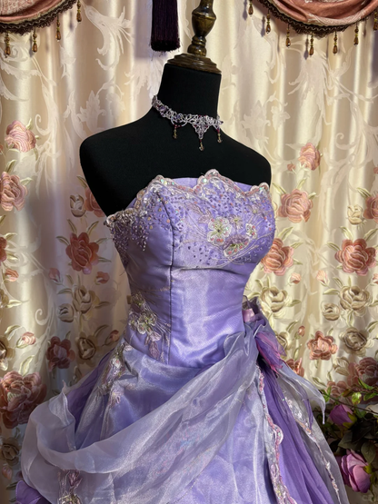 Vintage Ball Gown Strapless Embroidered Purple Organza Satin Long Prom Dress Formal Dress SH4177