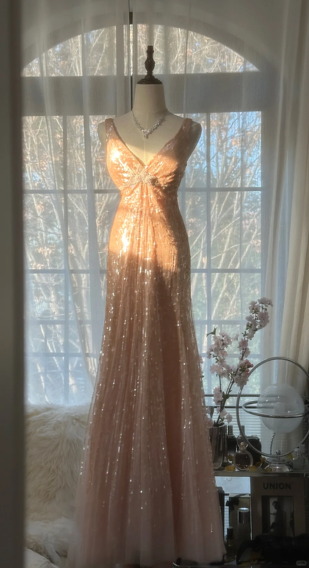 Vintage Champagne Sparkling Sequin Design Romantic Chiffon Evening Dress Prom Dress D1513