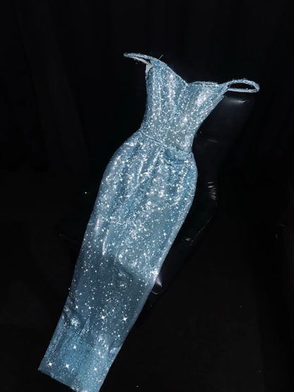 Stunning Blue Sheath Off the Shoulder Sequin Long Prom Dress Evening Dress SH2442
