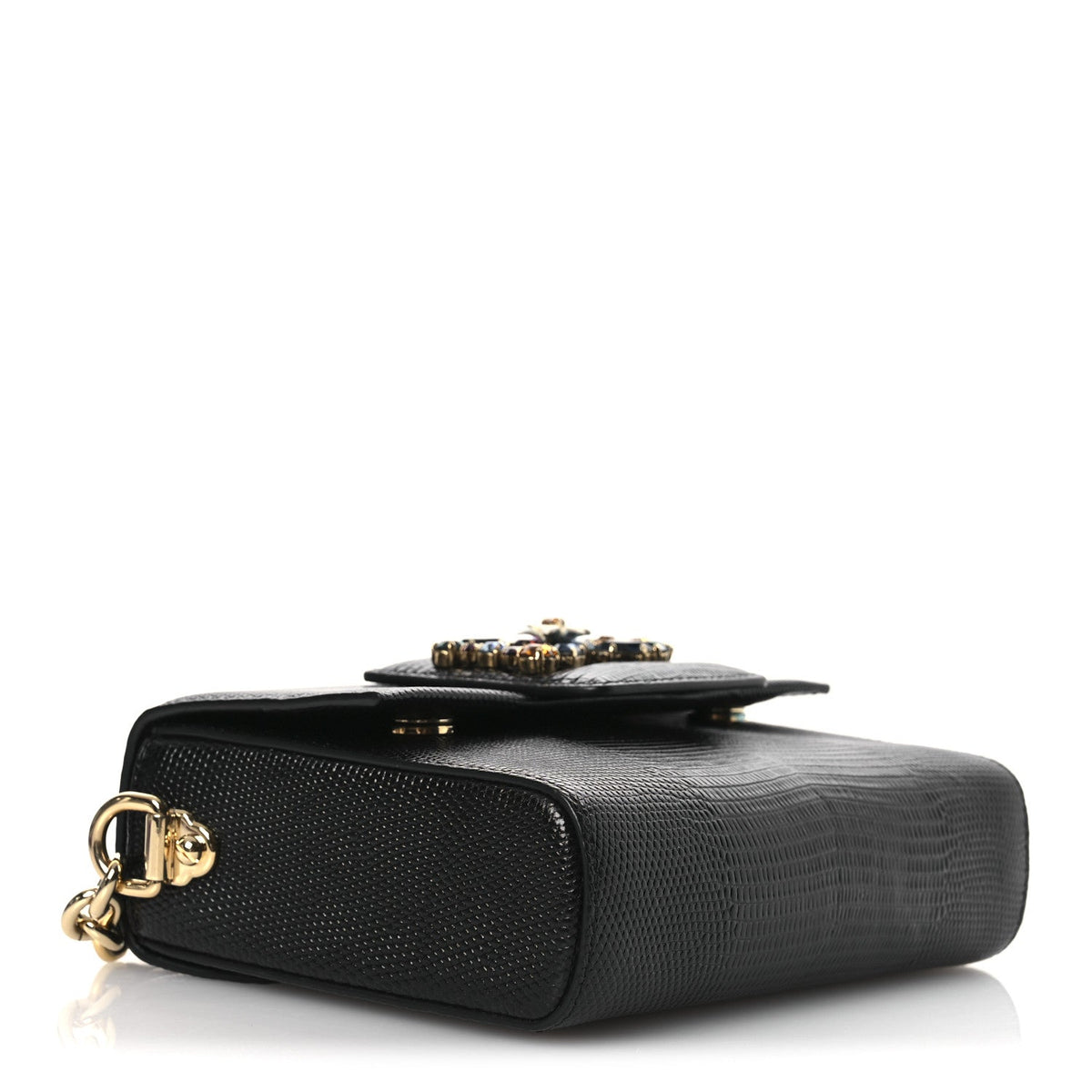 Lizard Embossed Crystal Embellished DG Millennials Mini Crossbody Bag Black