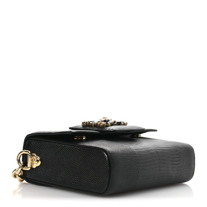 Lizard Embossed Crystal Embellished DG Millennials Mini Crossbody Bag Black