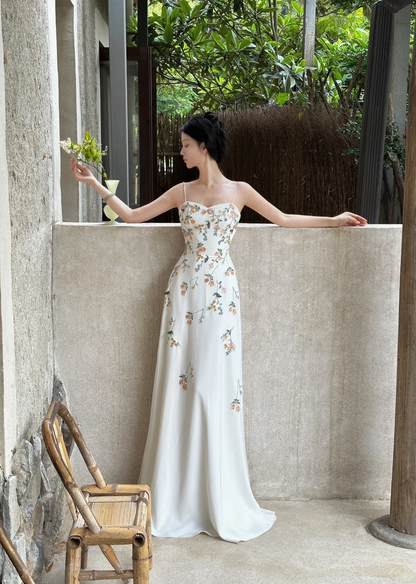 Elegant White Spaghetti Straps A-Line Flower Long Evening Party Dresses, D1044
