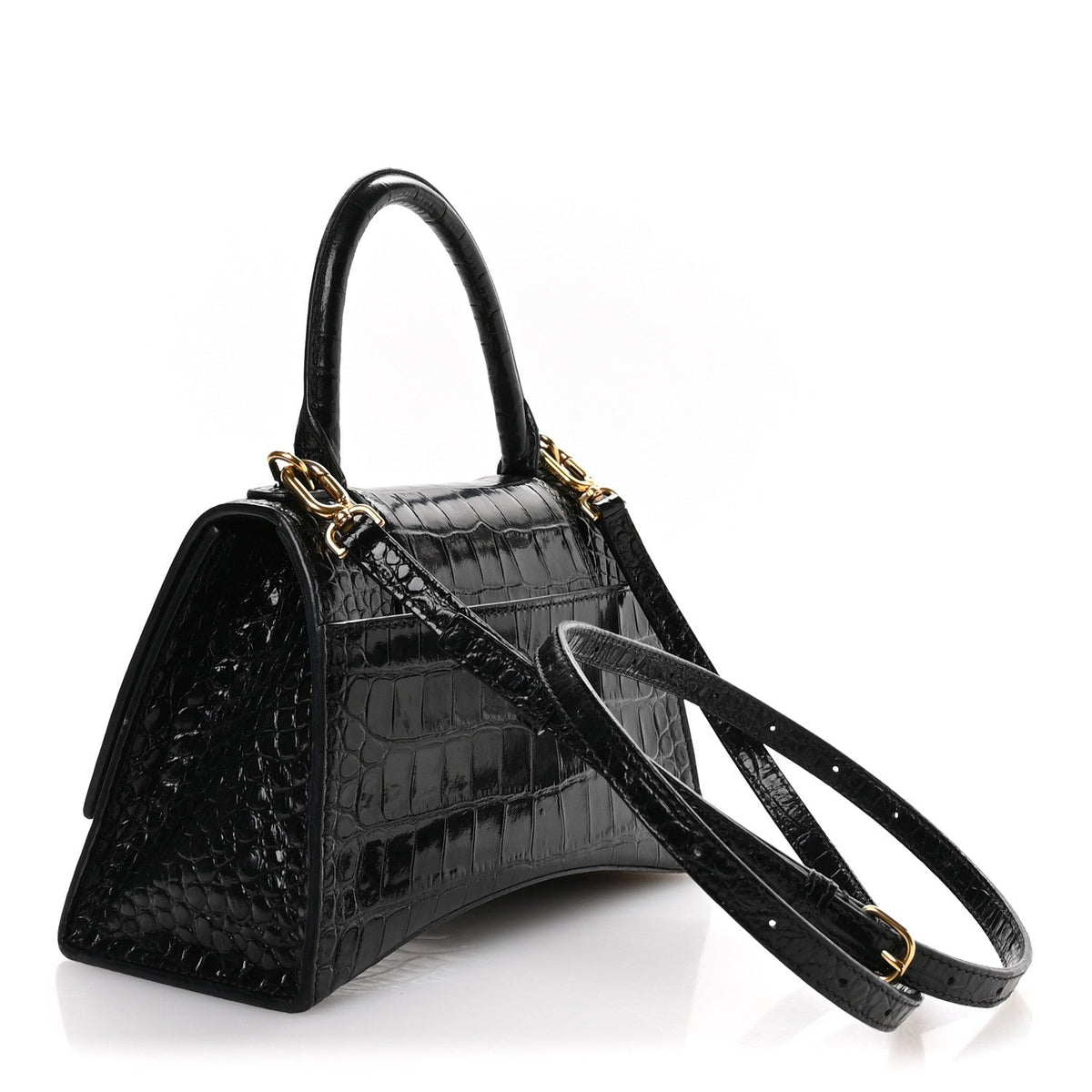 Shiny Calfskin Crocodile Embossed Small Hourglass Top Handle Bag Black