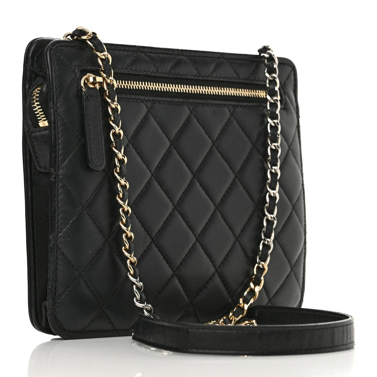 Lambskin Quilted Square Front Pocket Clutch With Chain Black