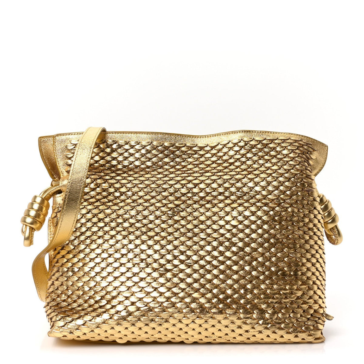 Metallic Laminated Lambskin Medium Scale Flamenco Knot Clutch Gold