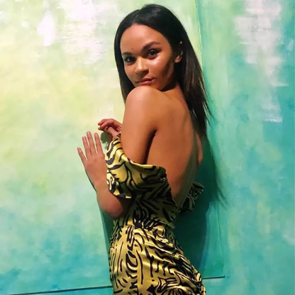 Yellow Leopard Print Off-the-shoulder Design Sheath Party Dress, D1415