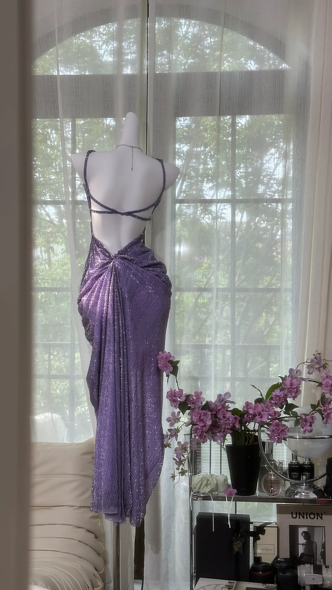 Vintage Gorgeous Purple V-neck Shinny Romantic Luxury Spaghetti Strap Evening Dress Prom Dresses, D1456