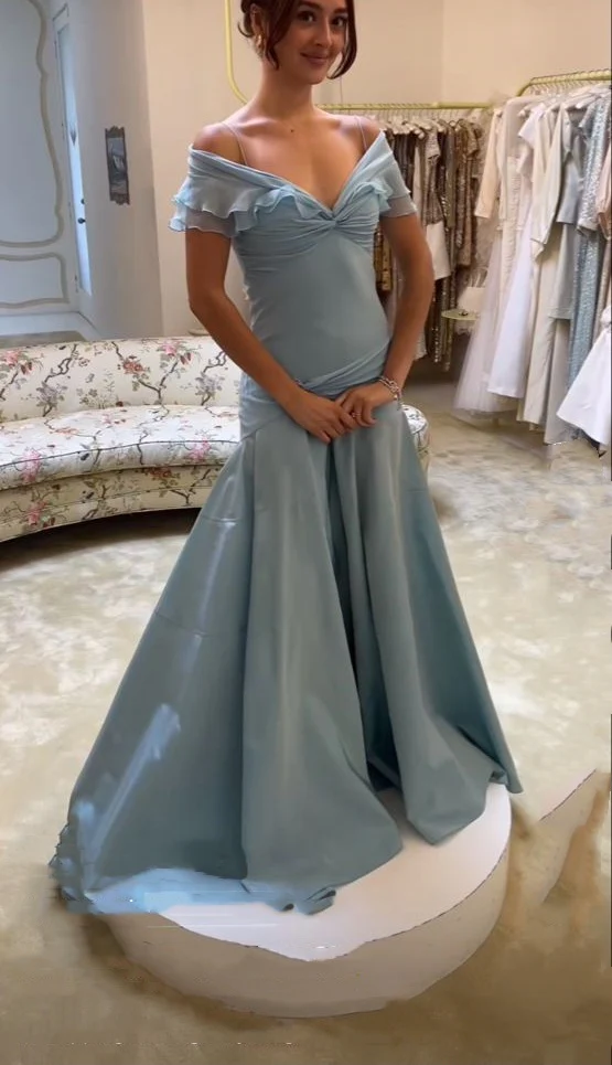 Light Blue V Neck A-Line Vintage Prom Dress Evening Gown MD7640