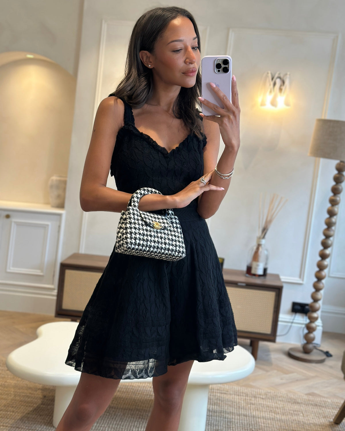*HOT* Chanel Small Kelly Shopping Bag in Black & White Wool Houndstooth with Brushed Antique Gold Hardware