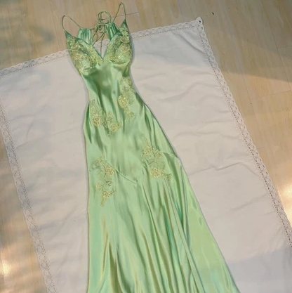 Green V Neck Straps Appliques Long Evening Party Dress MD7426
