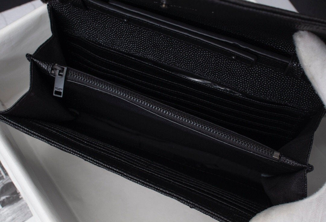 Saint Laurent Matelasse Grain de Poudre Matte Black Monogram Chain Wallet