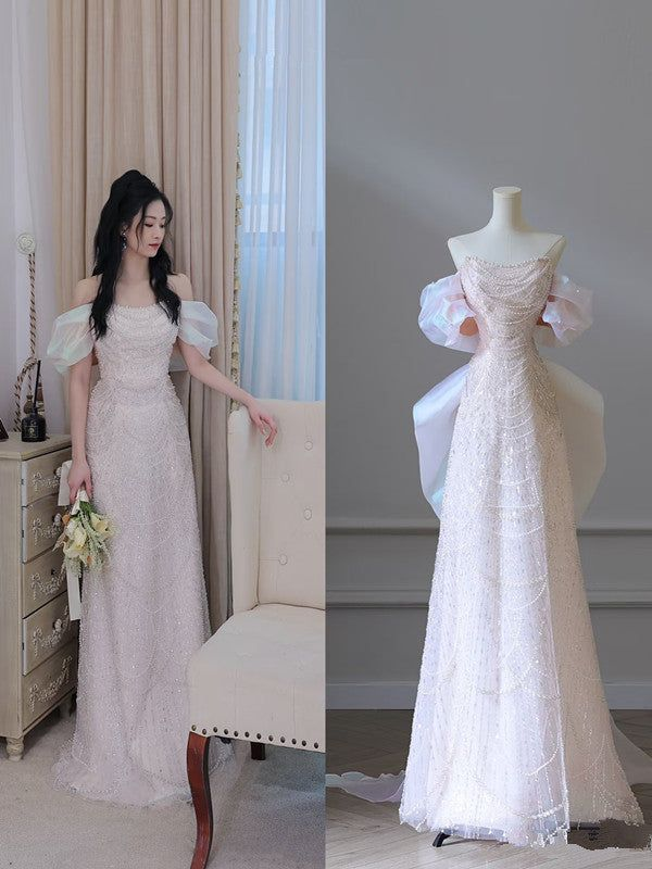 Light Pink Off Shoulder A-Line Sequins Pearls Long Formal Party Dress MD7407