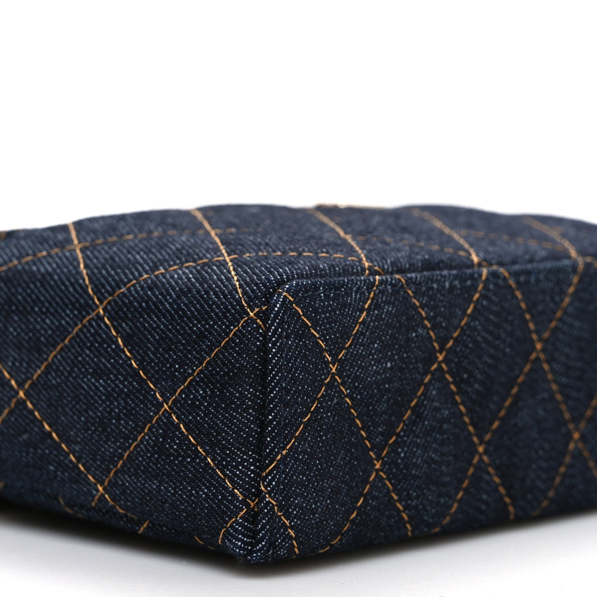 Denim Quilted Top Handle Slim Vanity Case With Chain Dark Blue Orange