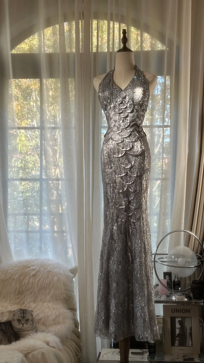 Vintage Silvery V-neck Sparkling Sequin Design Romantic Chiffon Evening Dress Prom Dress D1516