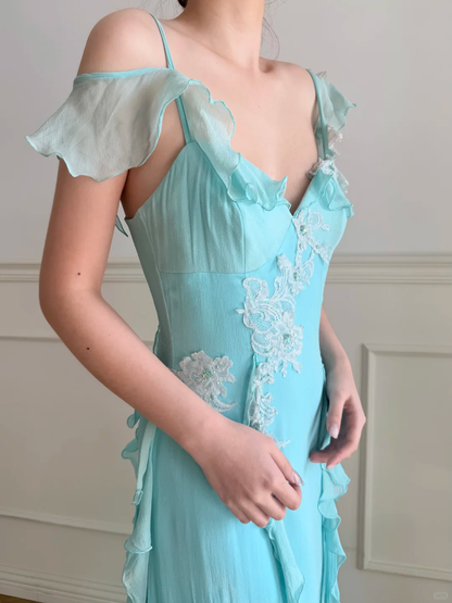 Sweety Blue A Line Straps Lace Appliques Chiffon Tea Length Prom Dress Outfits SH5444