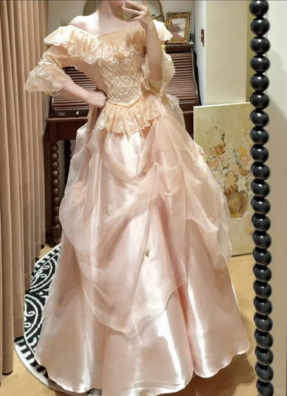 Stunning Light Pink A Line Long Sleeve Lace Organza Prom Dress SH5653