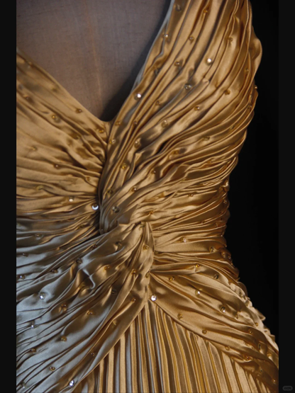 Vintage Gold A Line Spaghetti Straps Pleated Beaded Satin Prom Dress Graduation Prom Dress SH5188