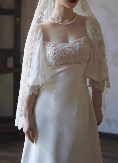 Vintage A Line Long Sleeve White Beaded Satin Long Wedding Dress SH5038