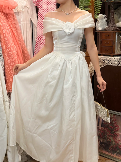 Vintage A Line V Neck Simple White Satin Prom Dress Date Dress SH5560