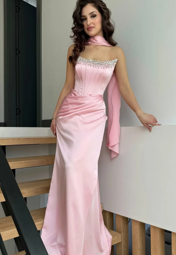 Sweety Pink Sheath Strapless Beaded Satin Prom Dress Wedding Guest Dress SH5419
