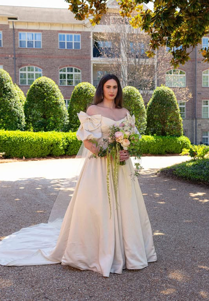Vintage Ivory A Line Puff Sleeve Bow Satin Long Wedding Dress SH6096